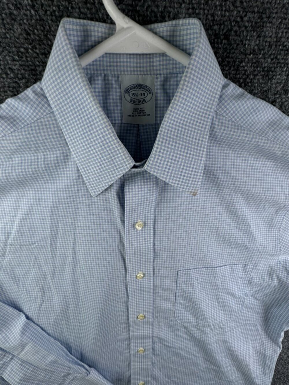 Brooks Brothers Cotton Button Up Shirt Long Sleeve Check Blue 15.5 34 Slim Fit